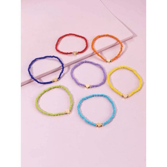 Rainbow Seed Bead Sweet Heart Bracelet Set - Picture 5 of 7